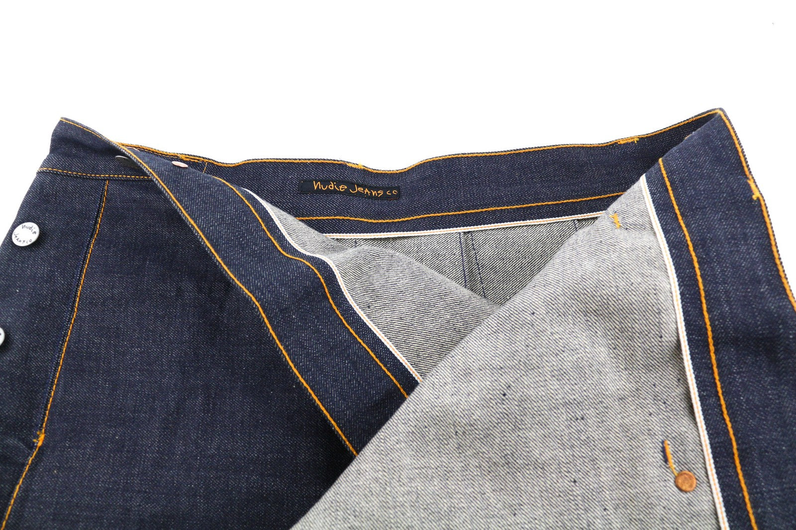 NUDIE Women Skirt M Selvedge Pleated Pockets Wrap Mini Buttoned Dark Blue Denim