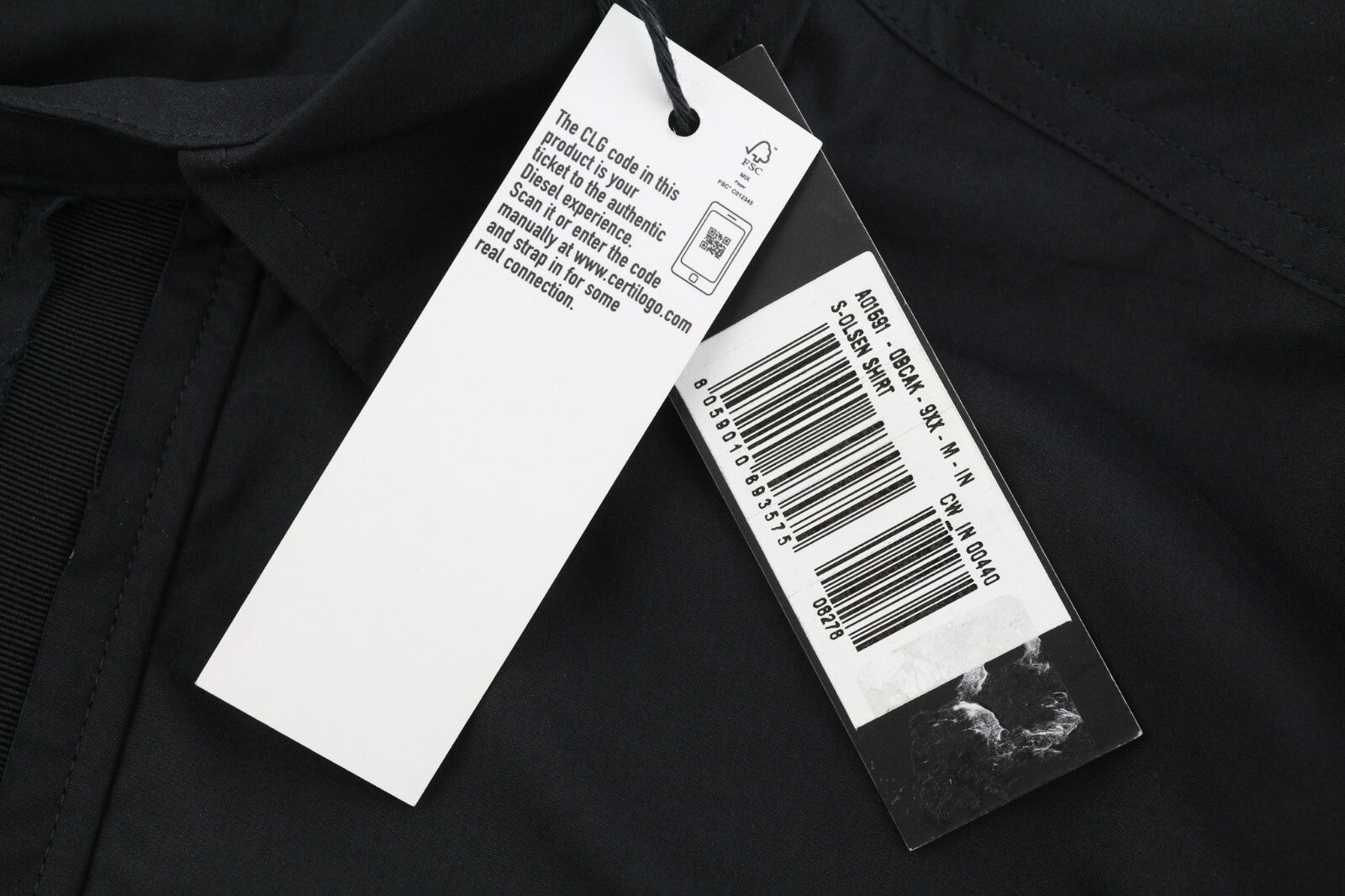 DIESEL S-Olsen Mens Shirt M  Black Hidden Button Up Patch Pocket Spread