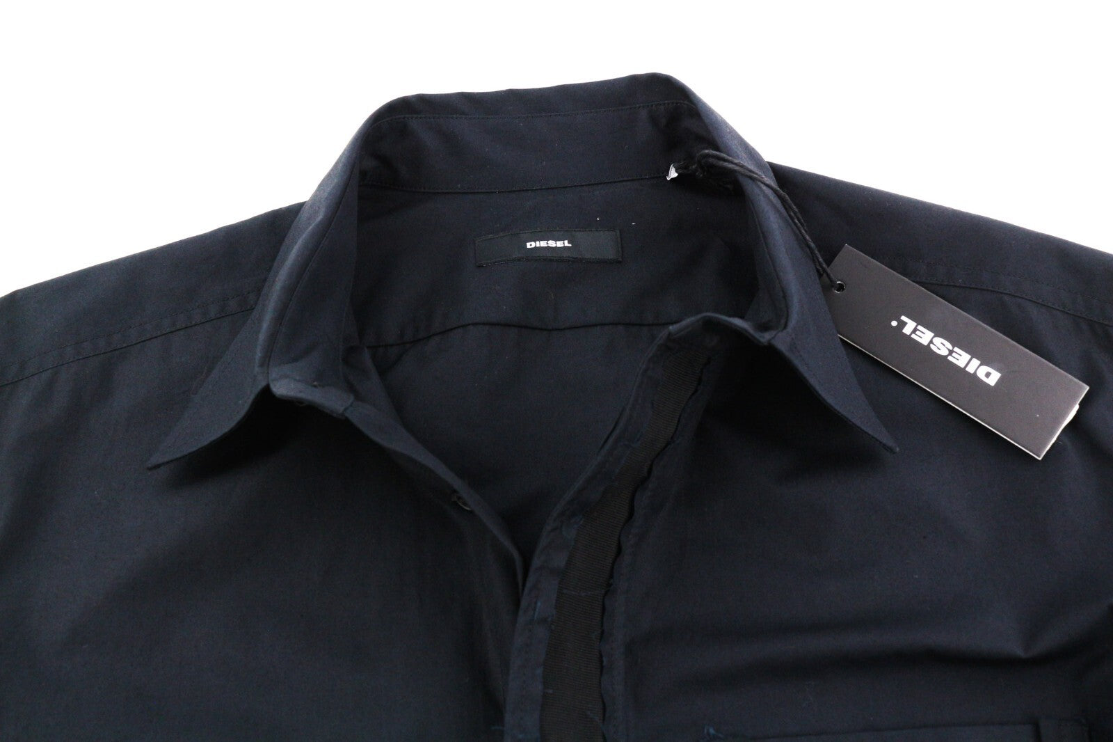 DIESEL S-Olsen Mens Shirt L  Black Hidden Button Up Patch Pocket Spread