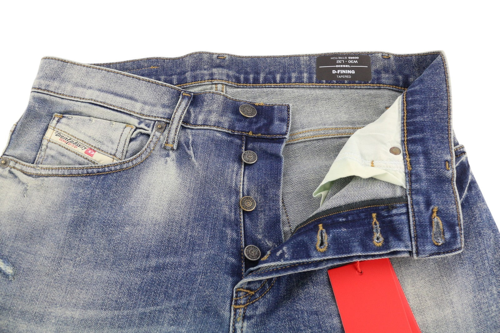 DIESEL D-Fining 009RS Men Jeans W30/L32 Tapered Leg Stretch Washed Logo Denim