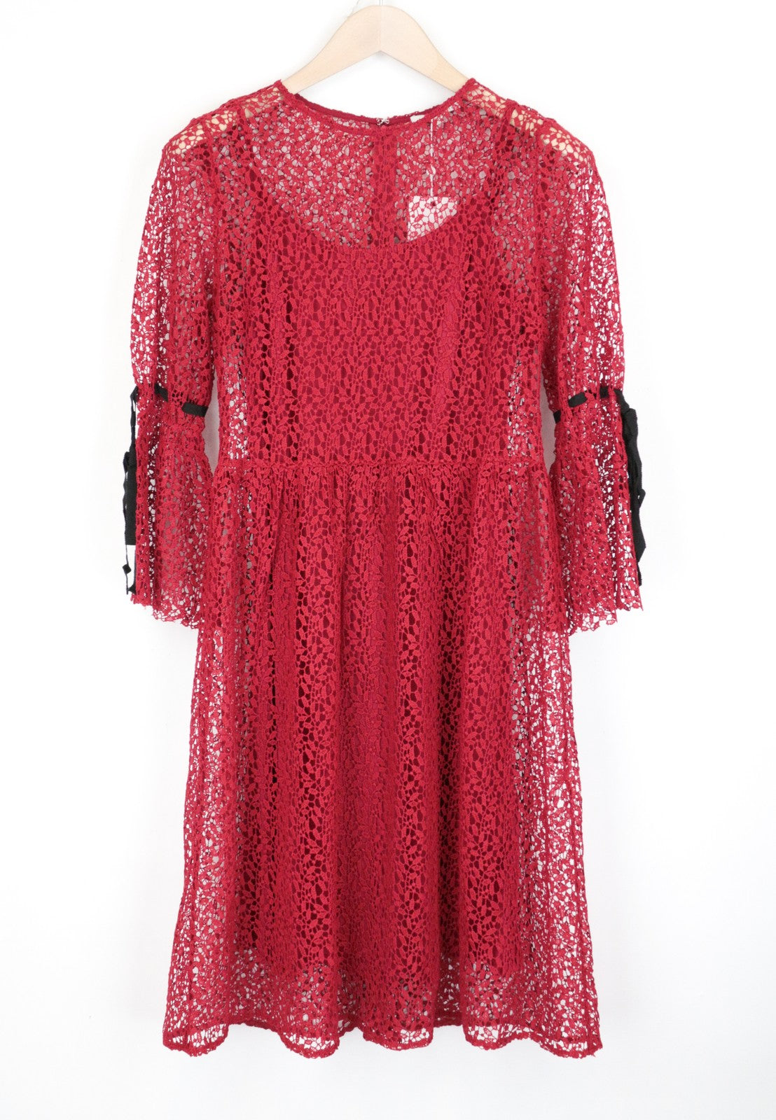 MINT & BERRY Women's Dress UK8 Red LS Lace Below Knee Layered