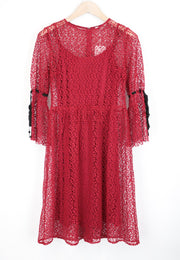 MINT & BERRY Women's Dress UK8 Red LS Lace Below Knee Layered