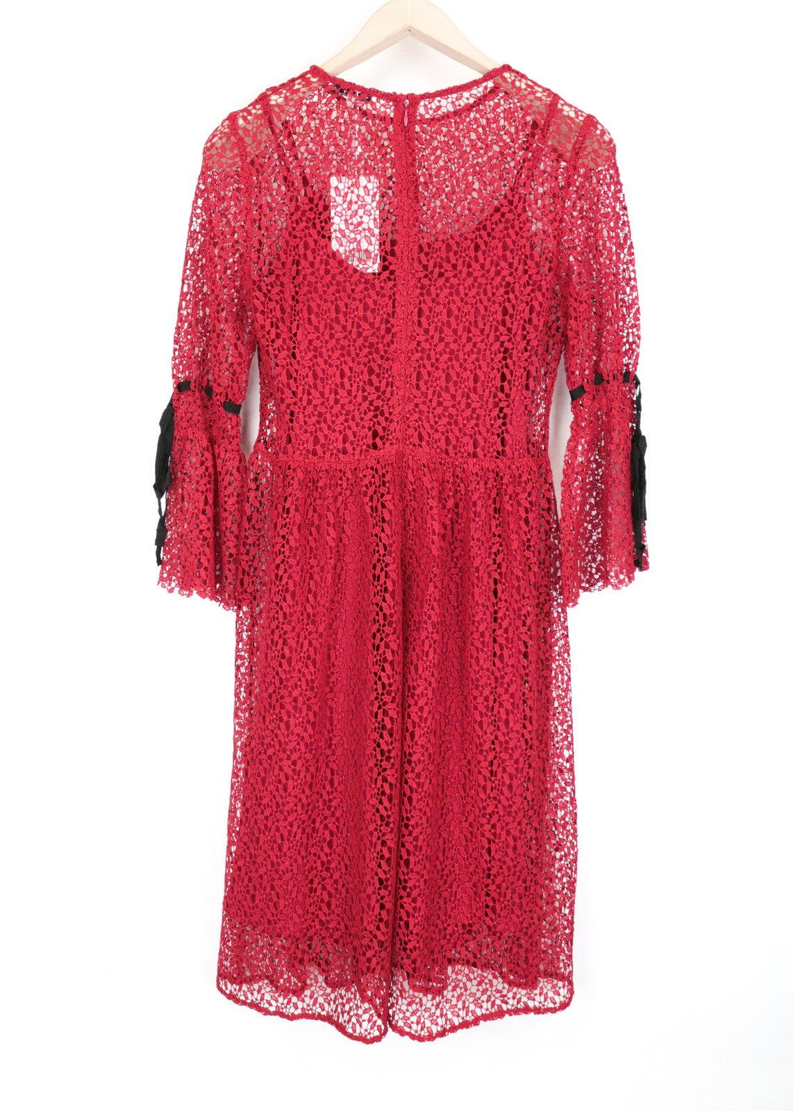 MINT & BERRY Women's Dress UK8 Red LS Lace Below Knee Layered