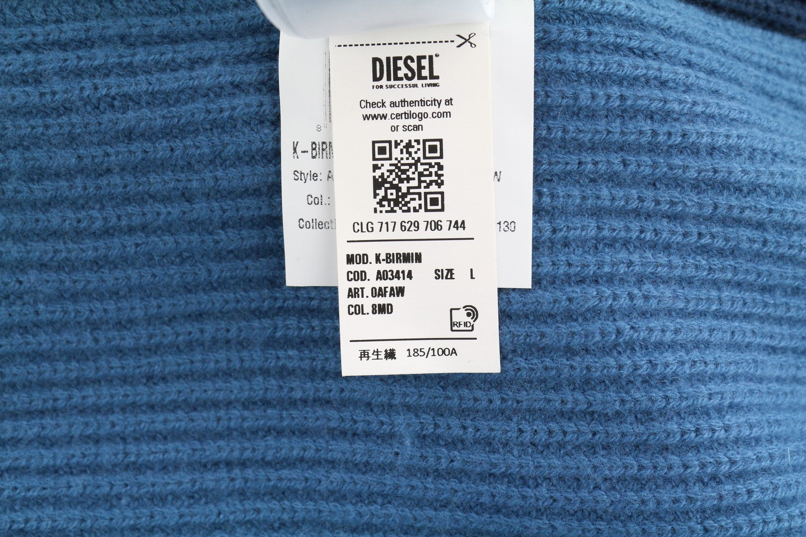 DIESEL K-Birmin Mens Jumper L Blue Pullover Crew Neck Knitted Wool Stretch