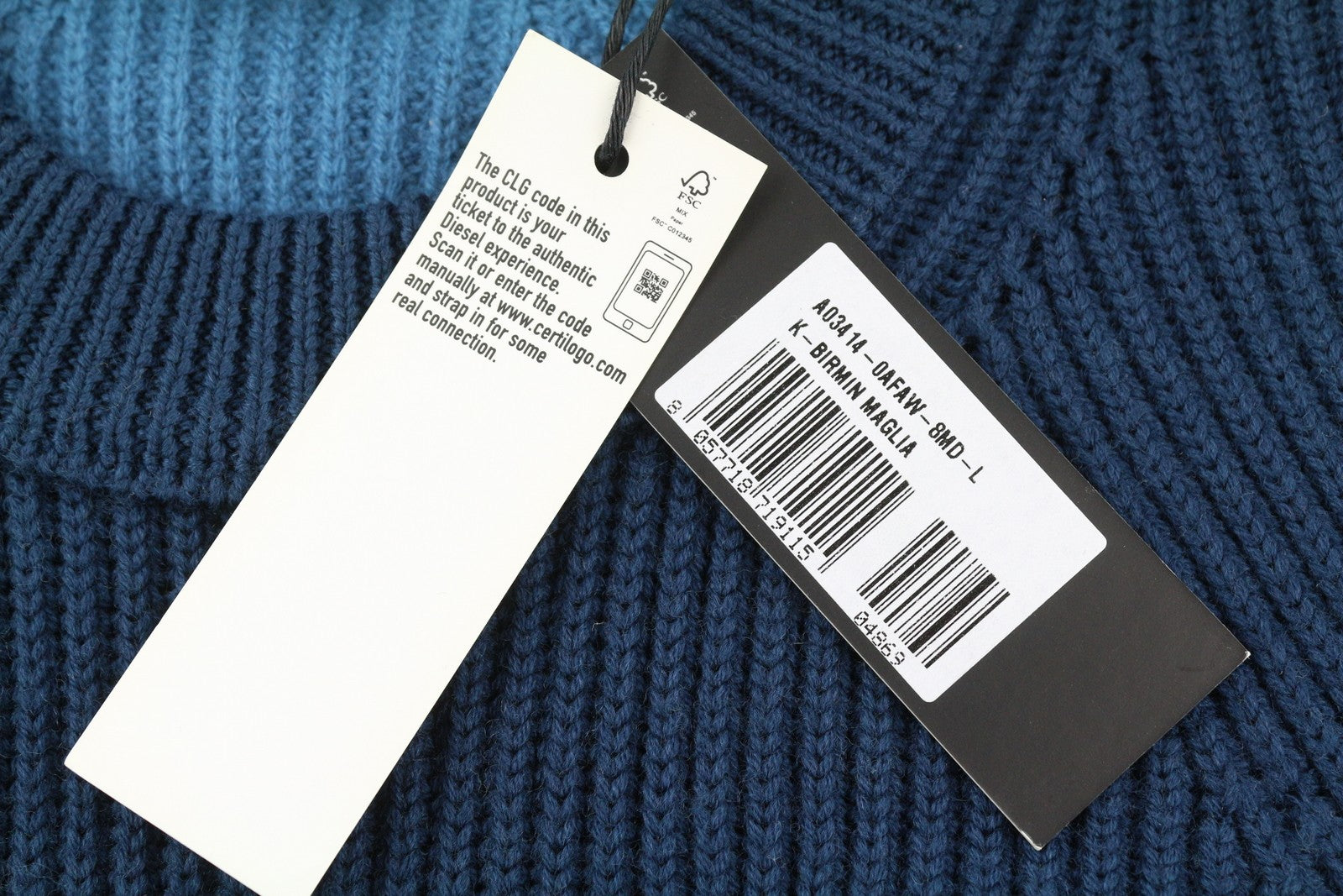 DIESEL K-Birmin Mens Jumper L Blue Pullover Crew Neck Knitted Wool Stretch