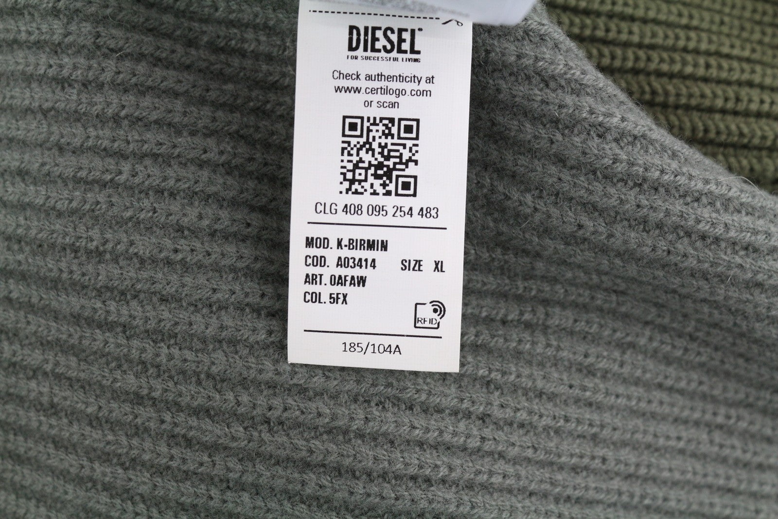 DIESEL K-Birmin Mens Jumper XL Khaki Pullover Crew Neck Knitted Wool Stretch