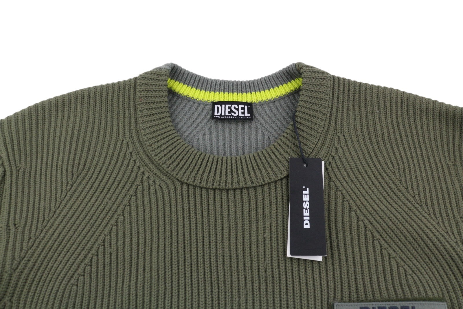 DIESEL K-Birmin Mens Jumper XL Khaki Pullover Crew Neck Knitted Wool Stretch