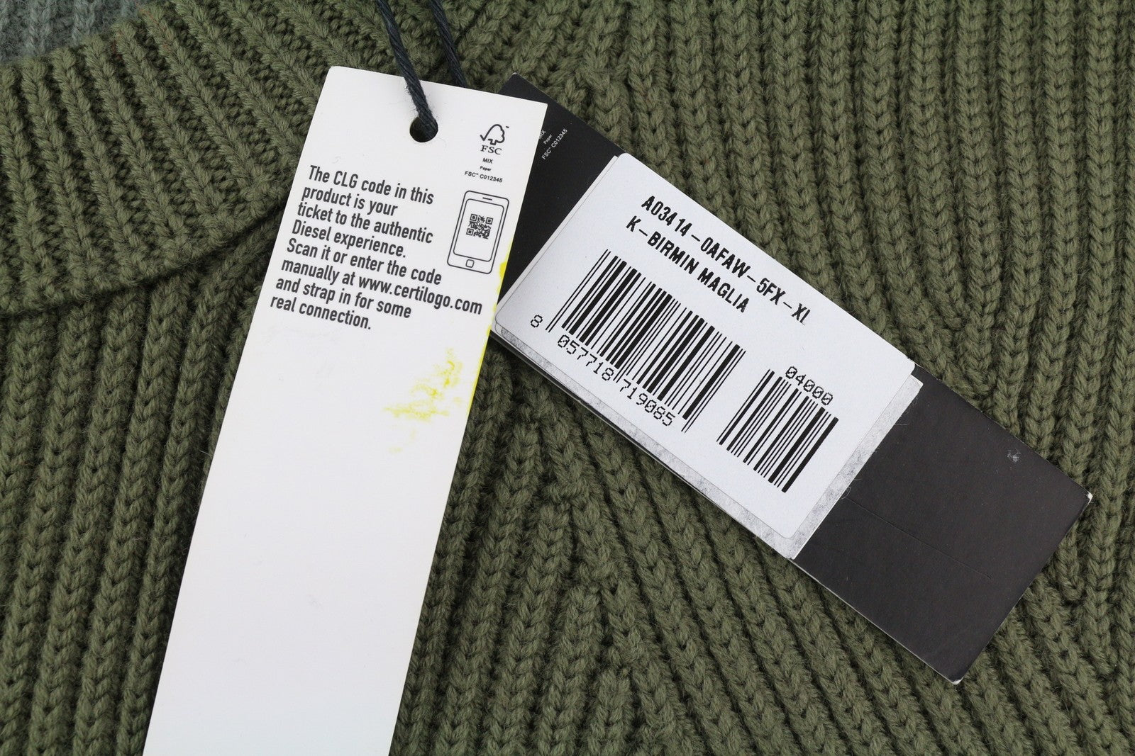 DIESEL K-Birmin Mens Jumper XL Khaki Pullover Crew Neck Knitted Wool Stretch