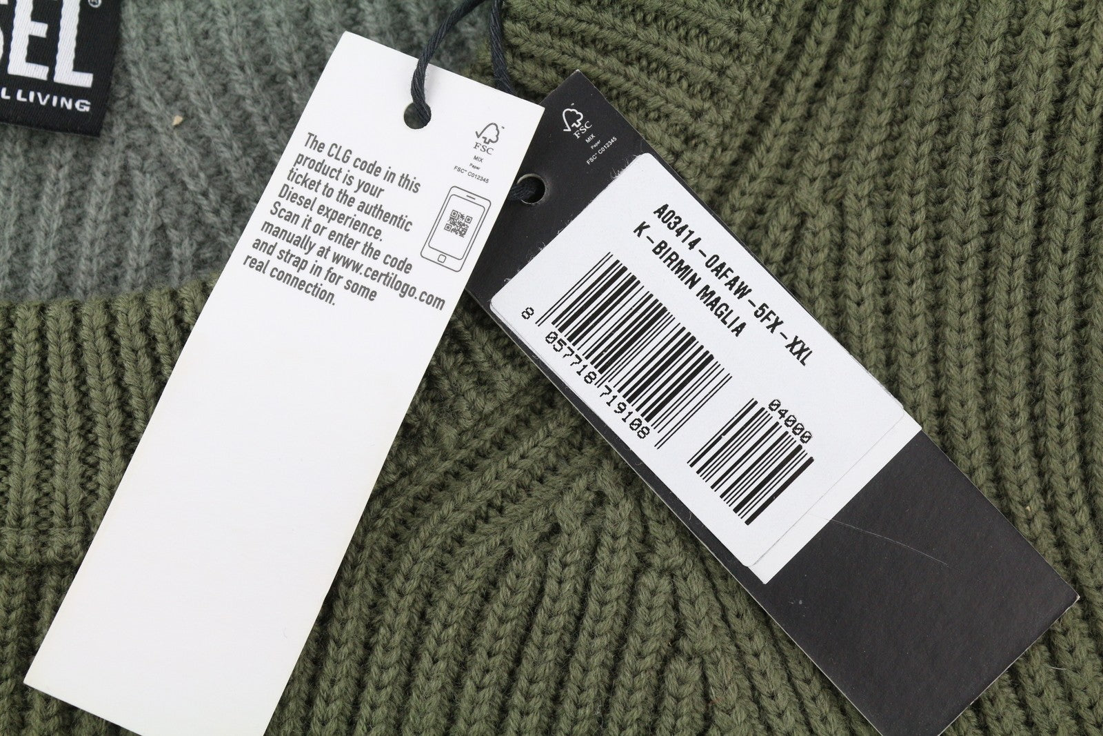 DIESEL K-Birmin Mens Jumper 2XL Khaki Pullover Crew Neck Knit Wool Stretch