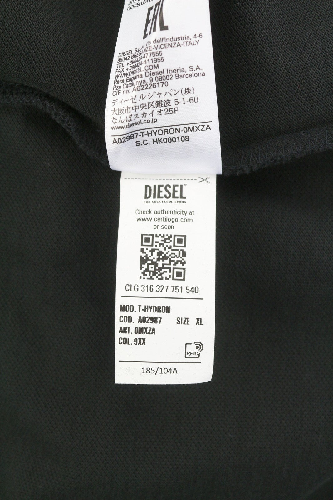 DIESEL T-Hydron Mens T-Shirt XL Black Short Sleeve Polo Neck Patch RRP€100