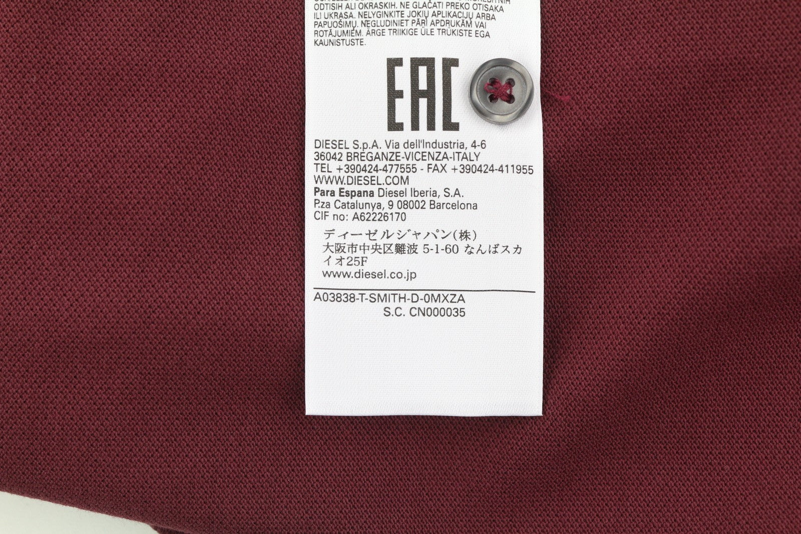 DIESEL T-Smith-D Mens T-Shirt L Short Sleeve Polo Neck Cotton Burgundy