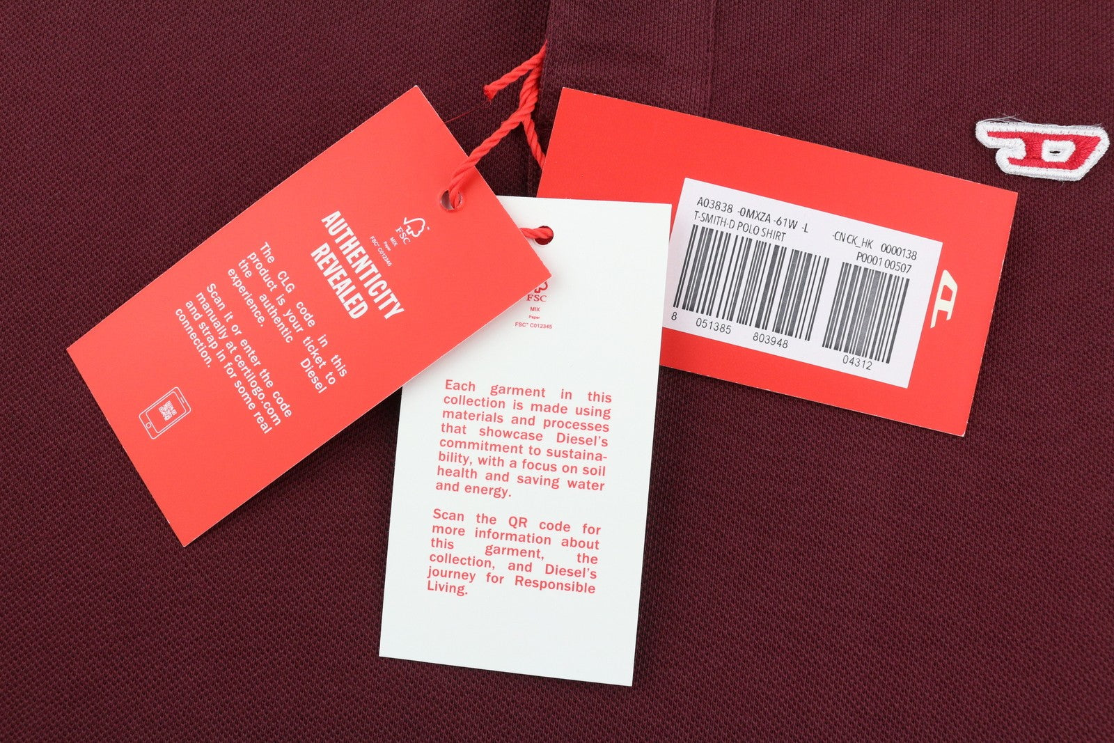 DIESEL T-Smith-D Mens T-Shirt L Short Sleeve Polo Neck Cotton Burgundy