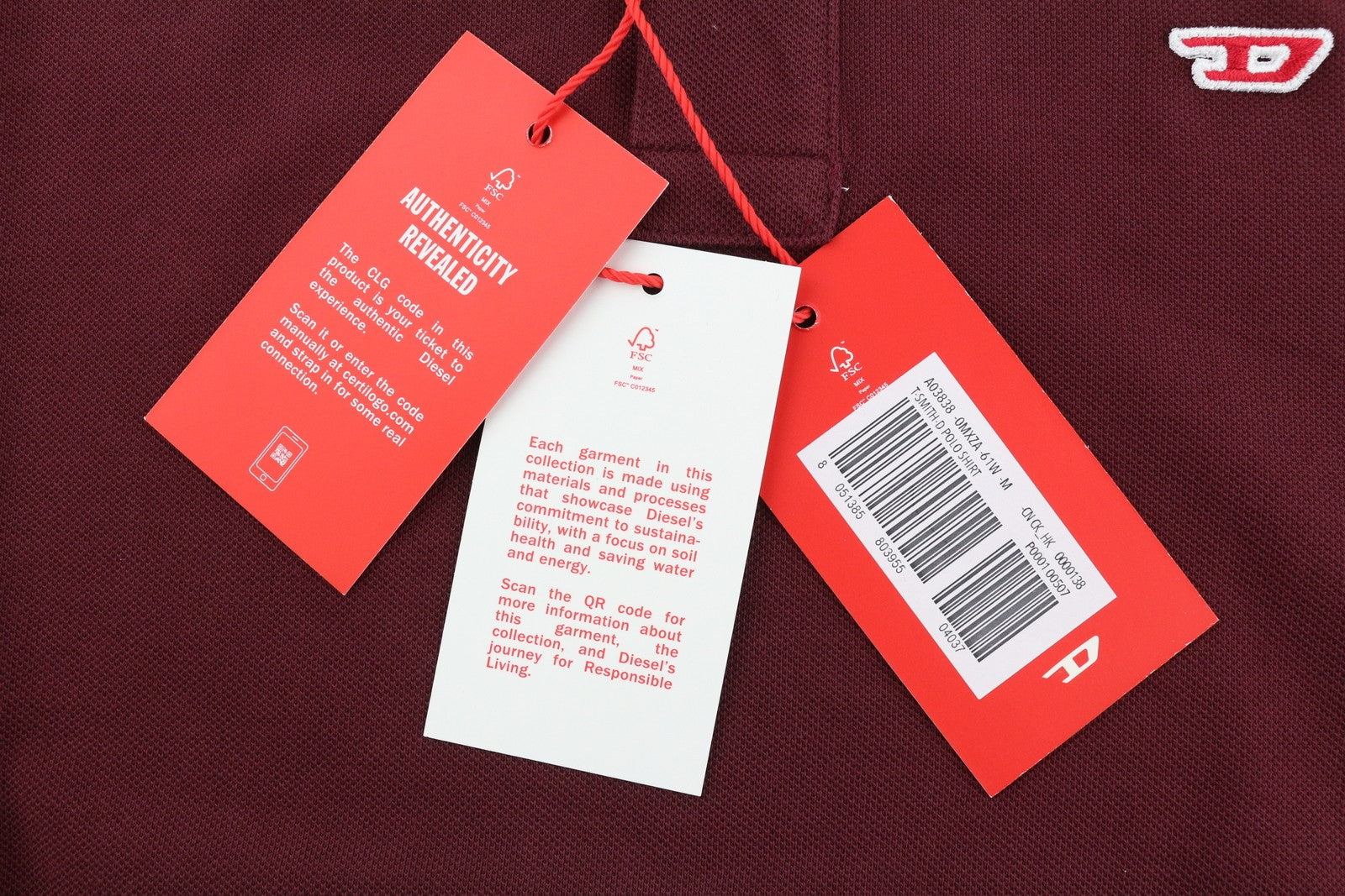 DIESEL T-Smith-D Mens T-Shirt M Short Sleeve Polo Neck Cotton Burgundy RRP€100