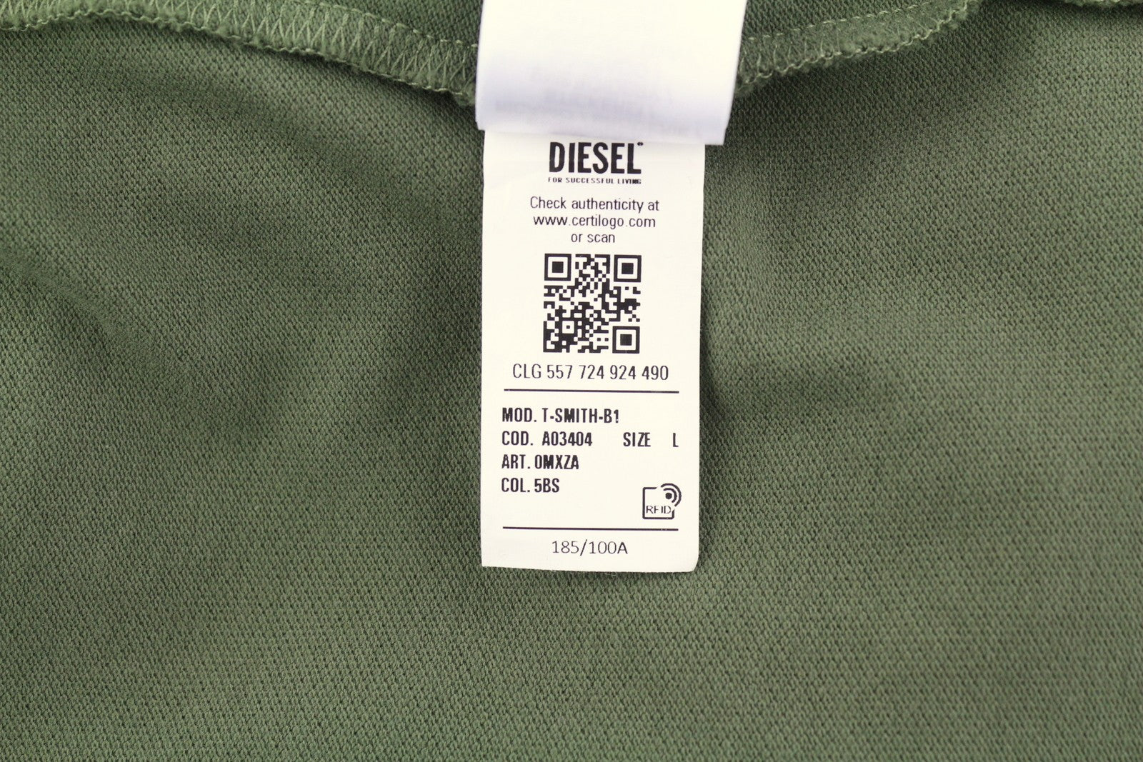 DIESEL T-Smith-B1 Mens T-Shirt L Short Sleeve Polo Neck Cotton  Khaki Green