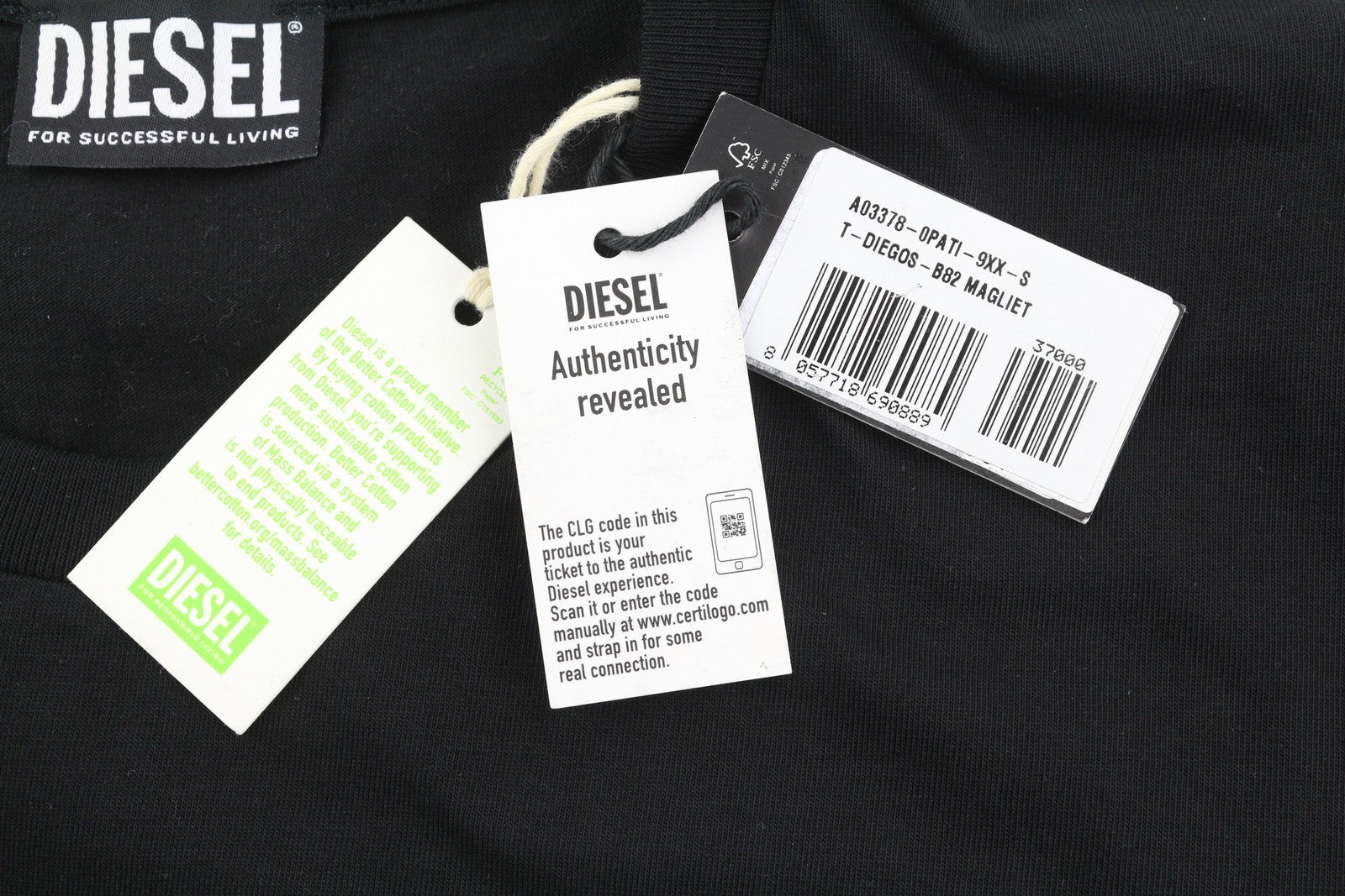 DIESEL T-Diegos-B82 Men T-Shirt S Black Tricot Stretchy Crew Neck Short Sleeved