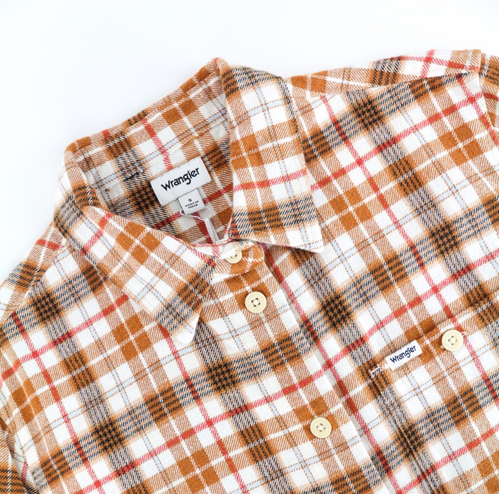 WRANGLER Men's Shirt M Orange Checked Cotton Flannel Buttoned Long Sleeve