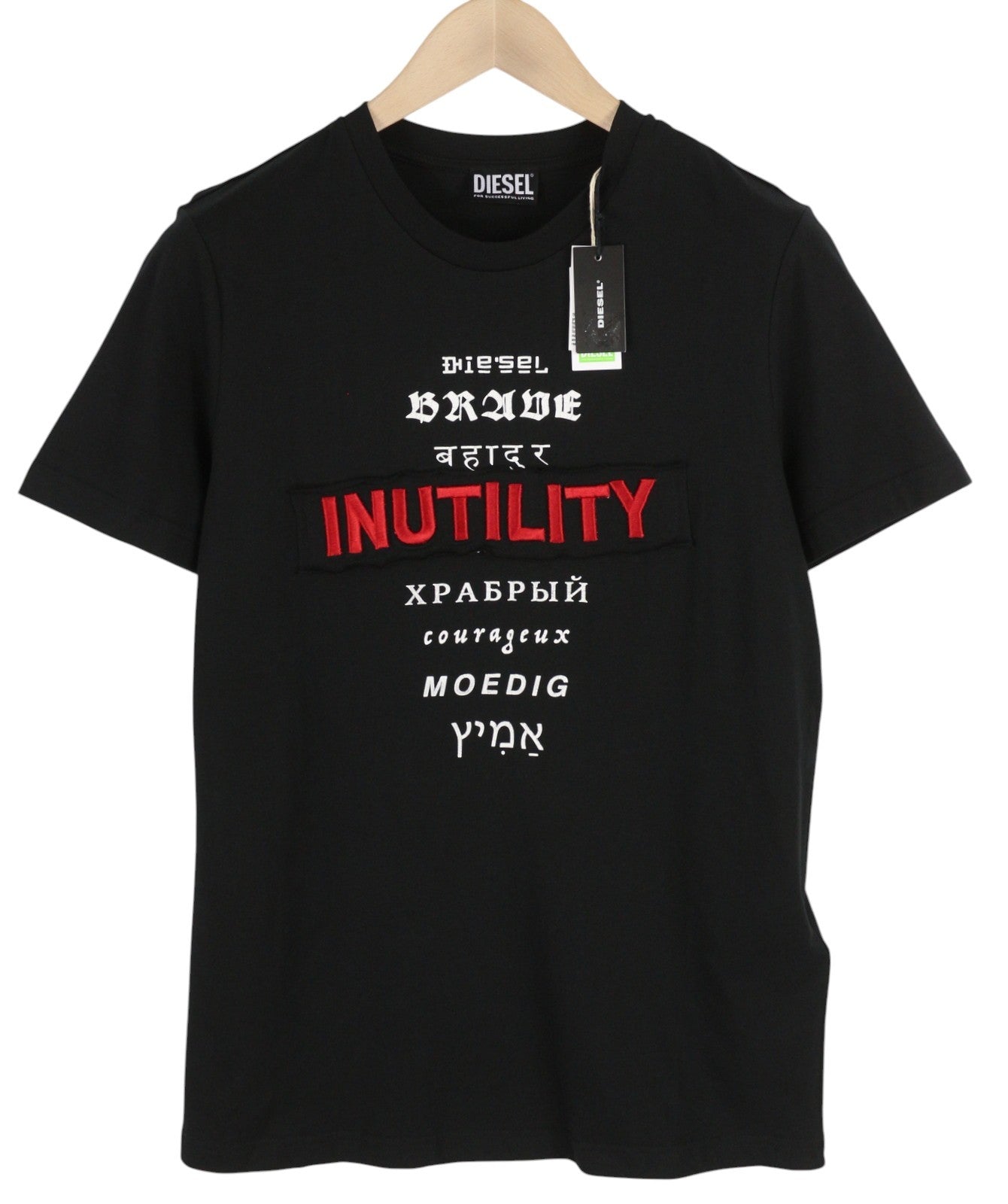 DIESEL T-Diegos-B6 Men T-Shirt S Black Tricot Stretchy Embroidered Short Sleeved