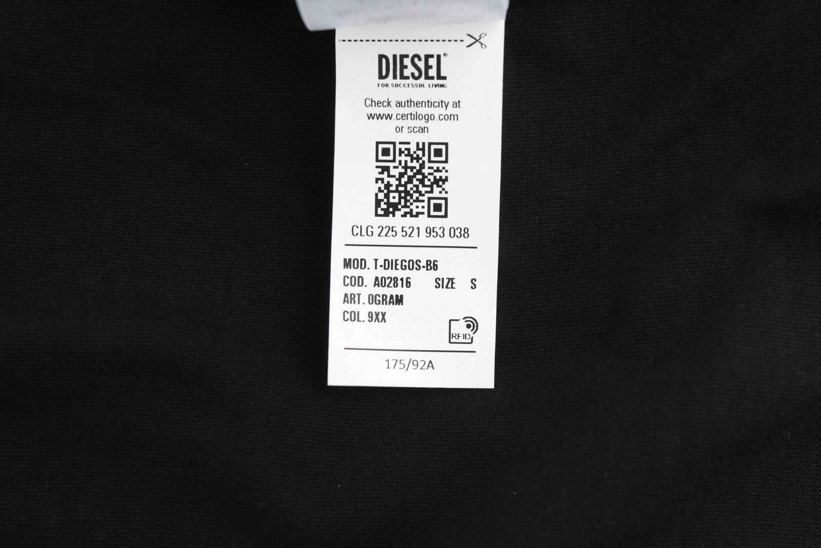 DIESEL T-Diegos-B6 Men T-Shirt S Black Tricot Stretchy Embroidered Short Sleeved