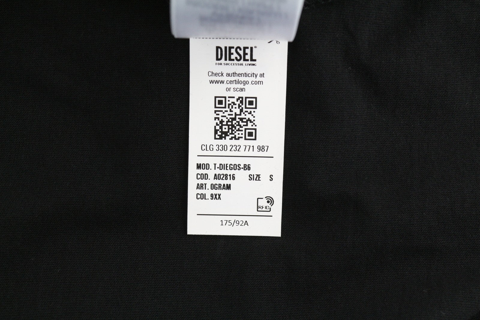 DIESEL T-Diegos-B6 Men T-Shirt S Black Tricot Stretchy Embroidered Short Sleeve