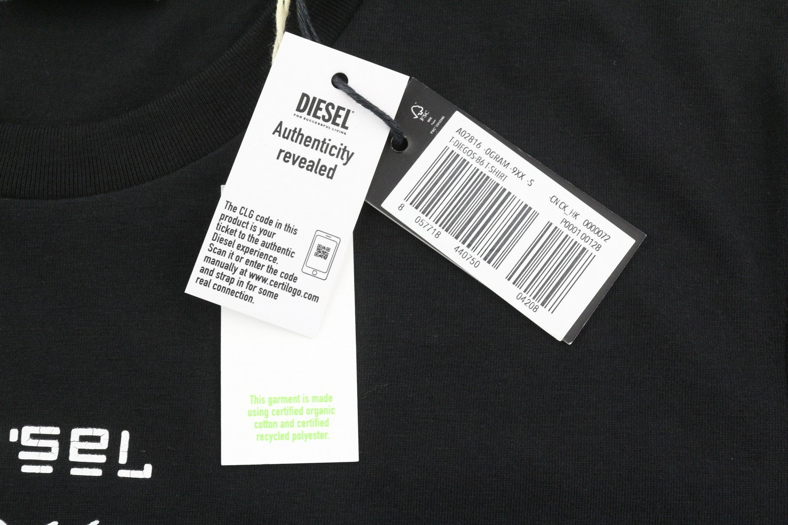 DIESEL T-Diegos-B6 Men T-Shirt S Black Tricot Stretchy Embroidered Short Sleeve