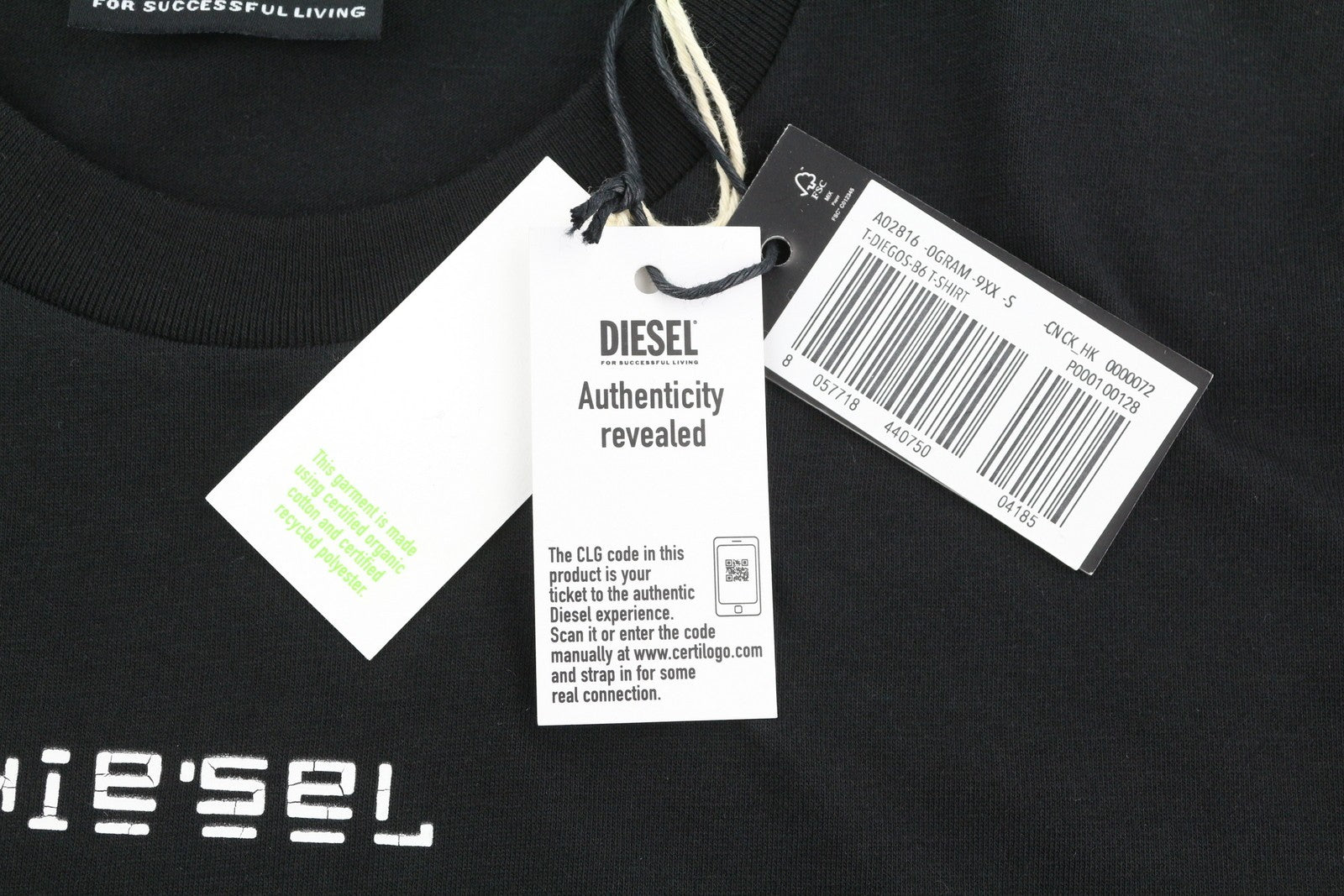 DIESEL T-Diegos-B6 Men T-Shirt S Black Tricot Stretchy Crew Neck Short Sleeved