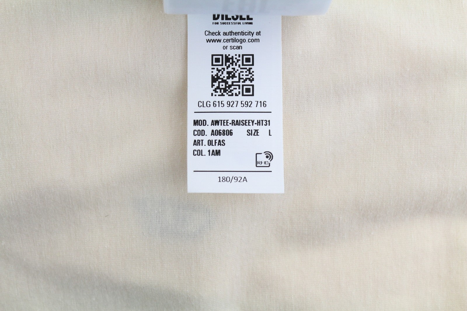 DIESEL Awtee-Raiseey-HT31 Men T-Shirt L Ivory 55DSL Tricot Crew Short Sleeved