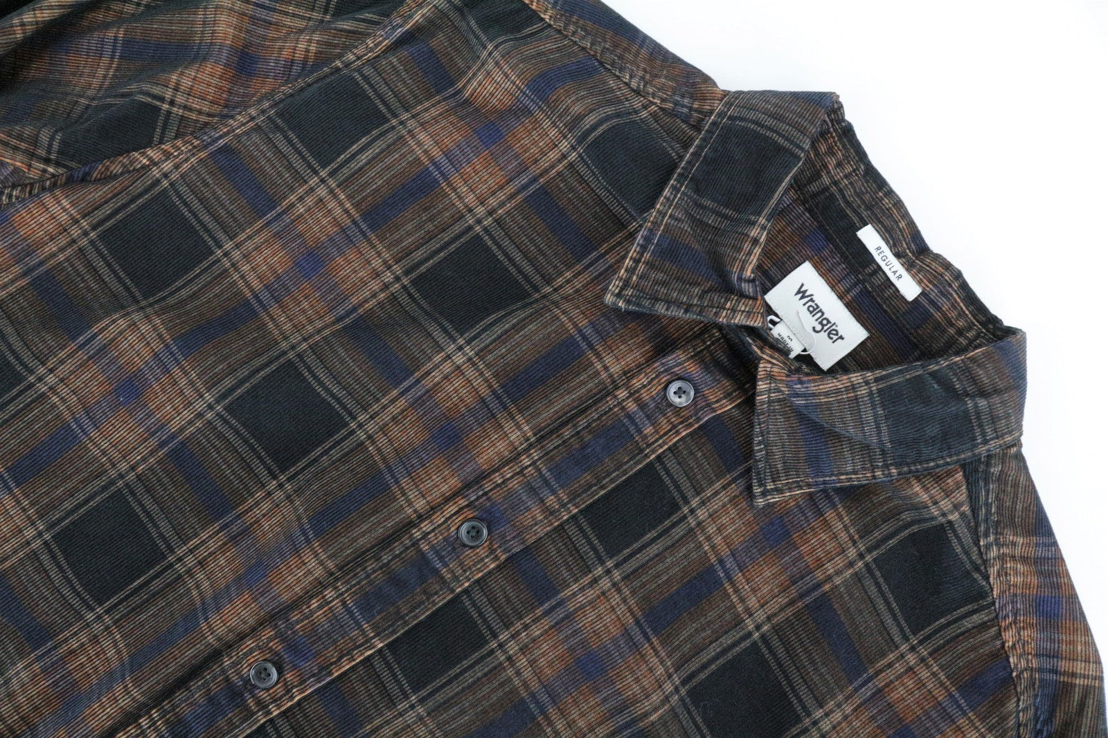 WRANGLER Men's Shirt M Brown Navy Checked Corduroy Long Sleeve Cotton