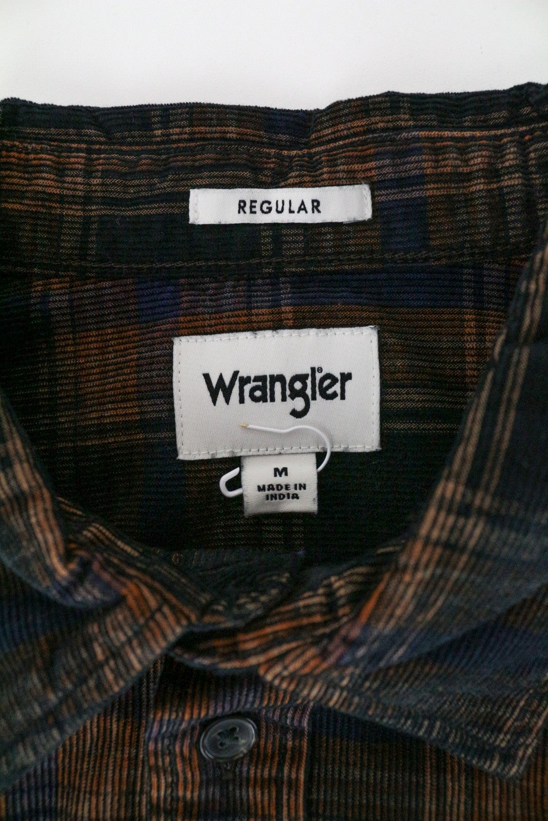 WRANGLER Men's Shirt M Brown Navy Checked Corduroy Long Sleeve Cotton