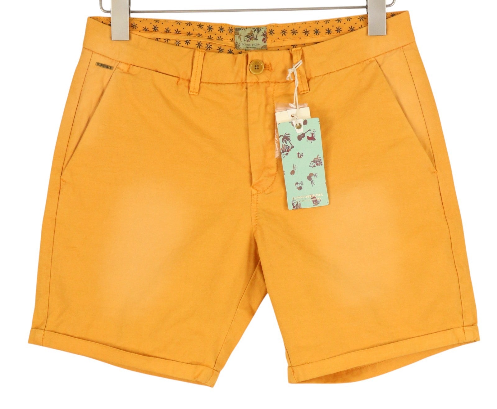 SCOTCH & SODA Men Shorts W29 Chino Washed Orange Turn-Up Zip Fly Logo Casual