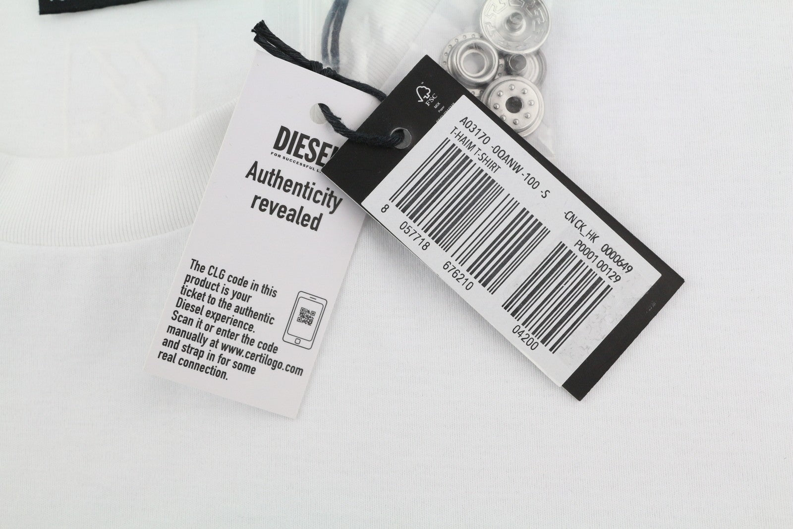 DIESEL T-Haim Men T-Shirt S White Tricot Patch Pocket Crew Neck Short Sleeve