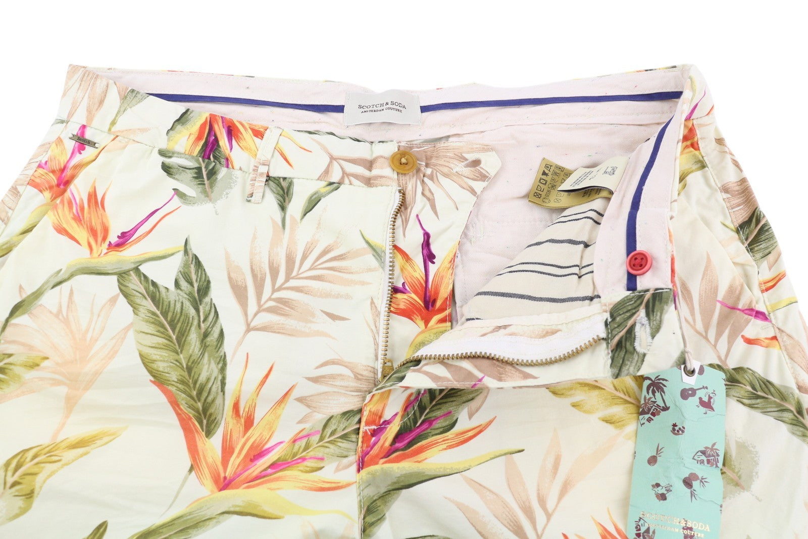 SCOTCH & SODA Men Shorts W32 Chino Colourful Leaf Patterned Pockets Zip Casual