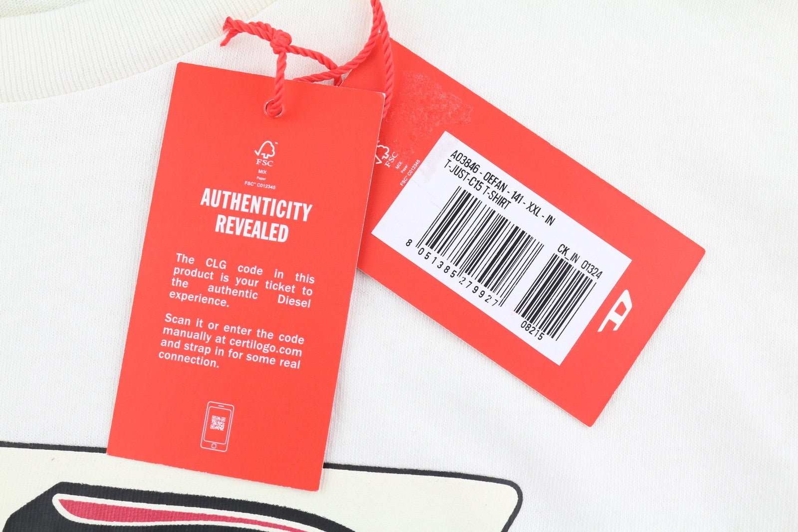 DIESEL T-Just-C15 Men T-Shirt 2XL White Tricot Stretchy Crew Neck Short Sleeved