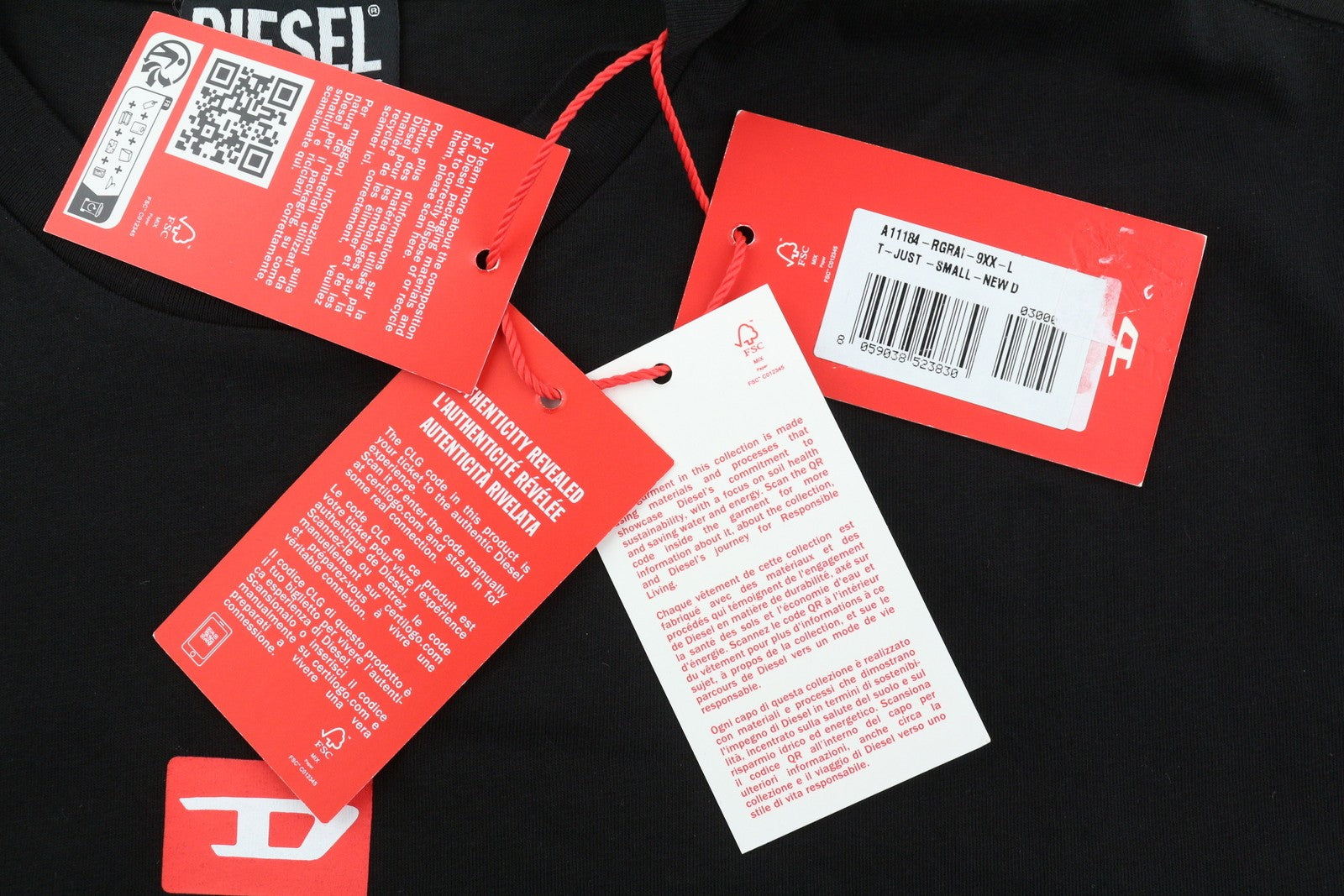 DIESEL T-Just-Small-New D Logo Men T-Shirt L Black Sort Sleeve Tricot Front Logo