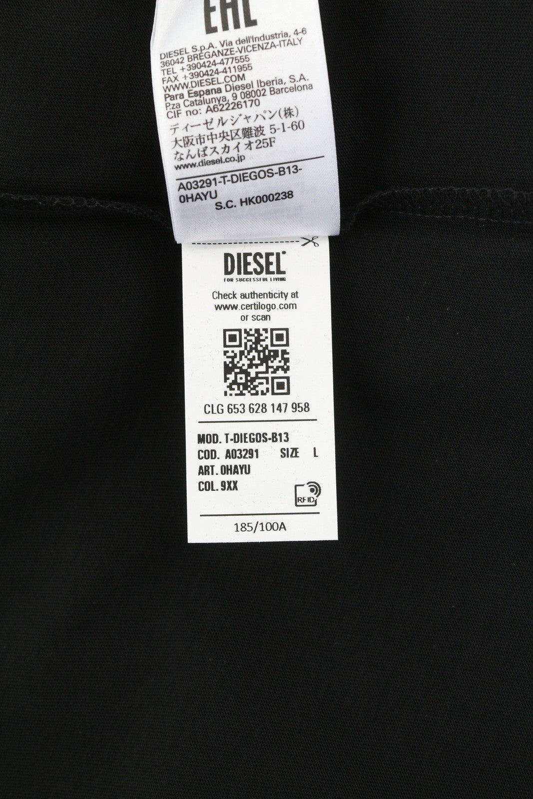 DIESEL T-Diegos-B13 Men T-Shirt L Black Tricot Stretchy Crew Neck Short Sleeve