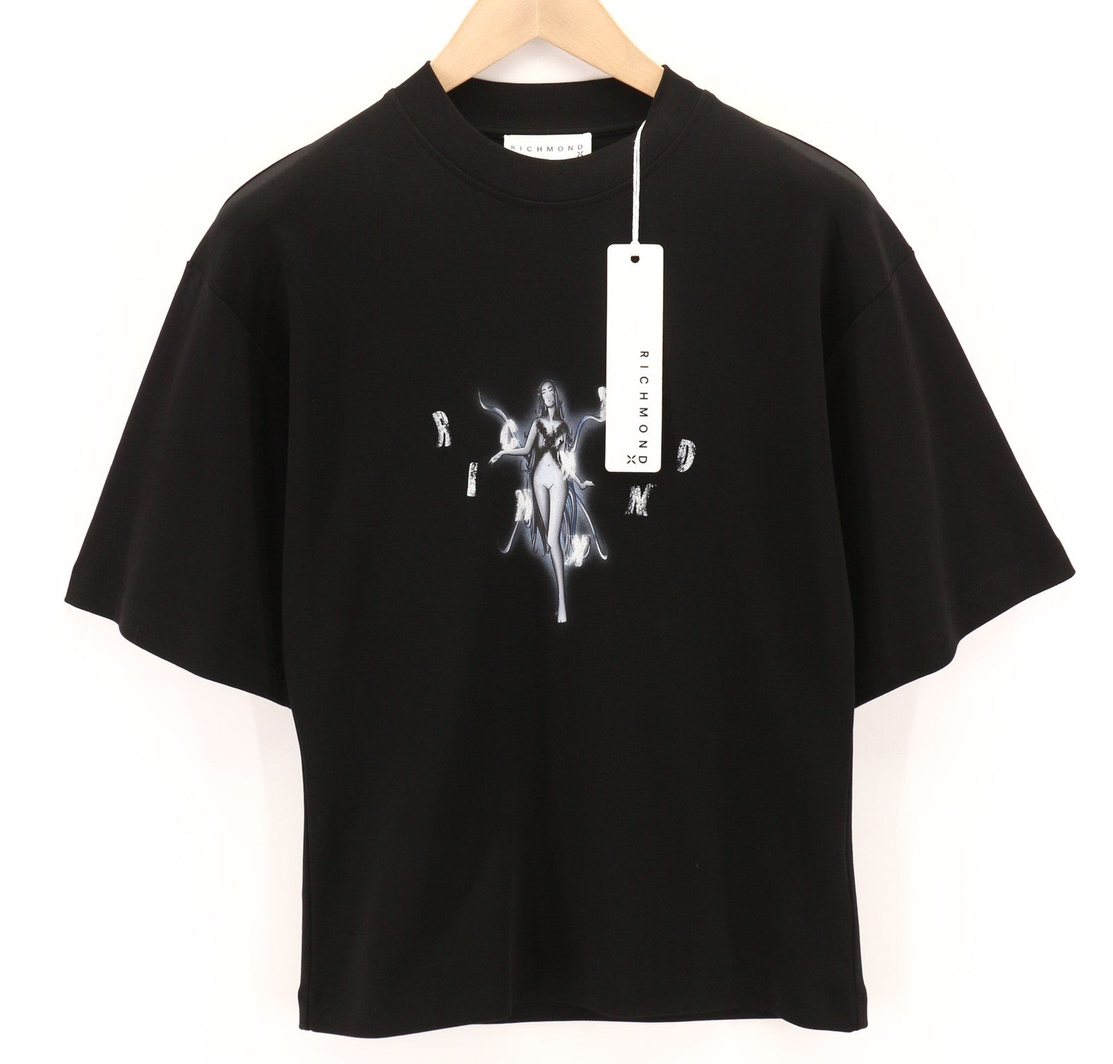 RICHMOND Women`s T-Shirt S Black Oversized Crew Neck Print Stretch