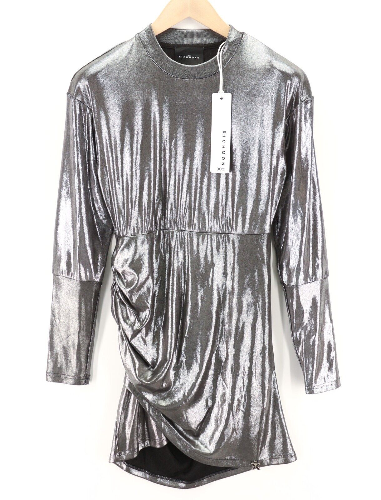 JOHN RICHMOND Womens Classic ~S Silver Shiny Long Sleeve Mock Neck Short Length