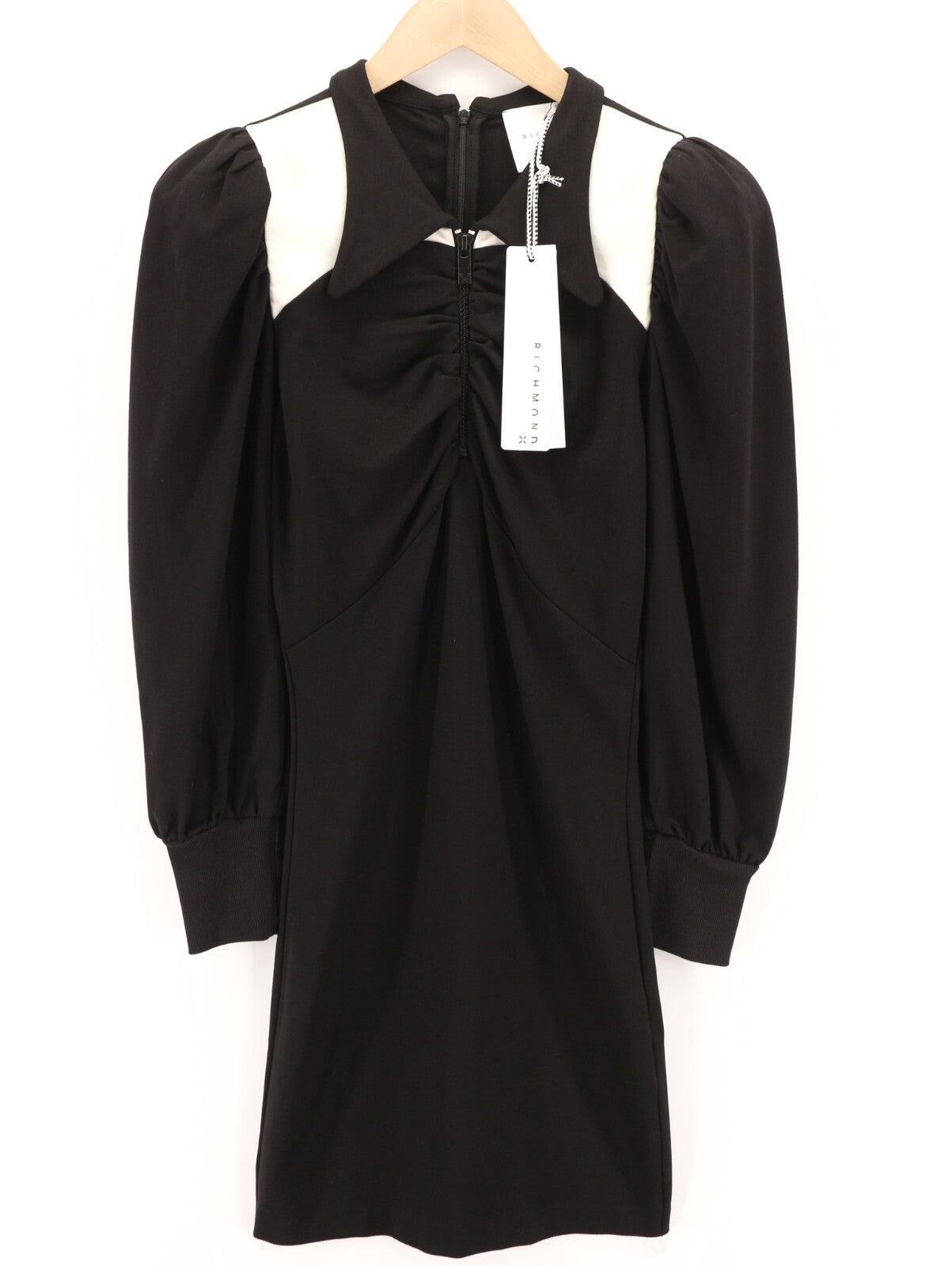 JOHN RICHMOND Womens Classic S Black Puff Long Sleeves Ruffle Polo Zipper Mini