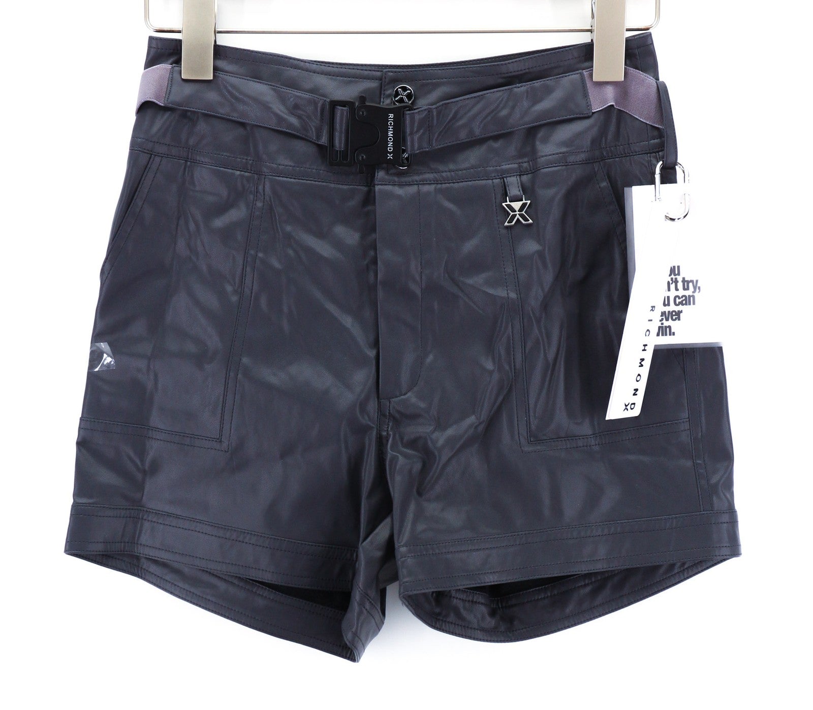 JOHN RICHMOND Womens Shorts S Grey Fake Leather High Rise Belted Pockets