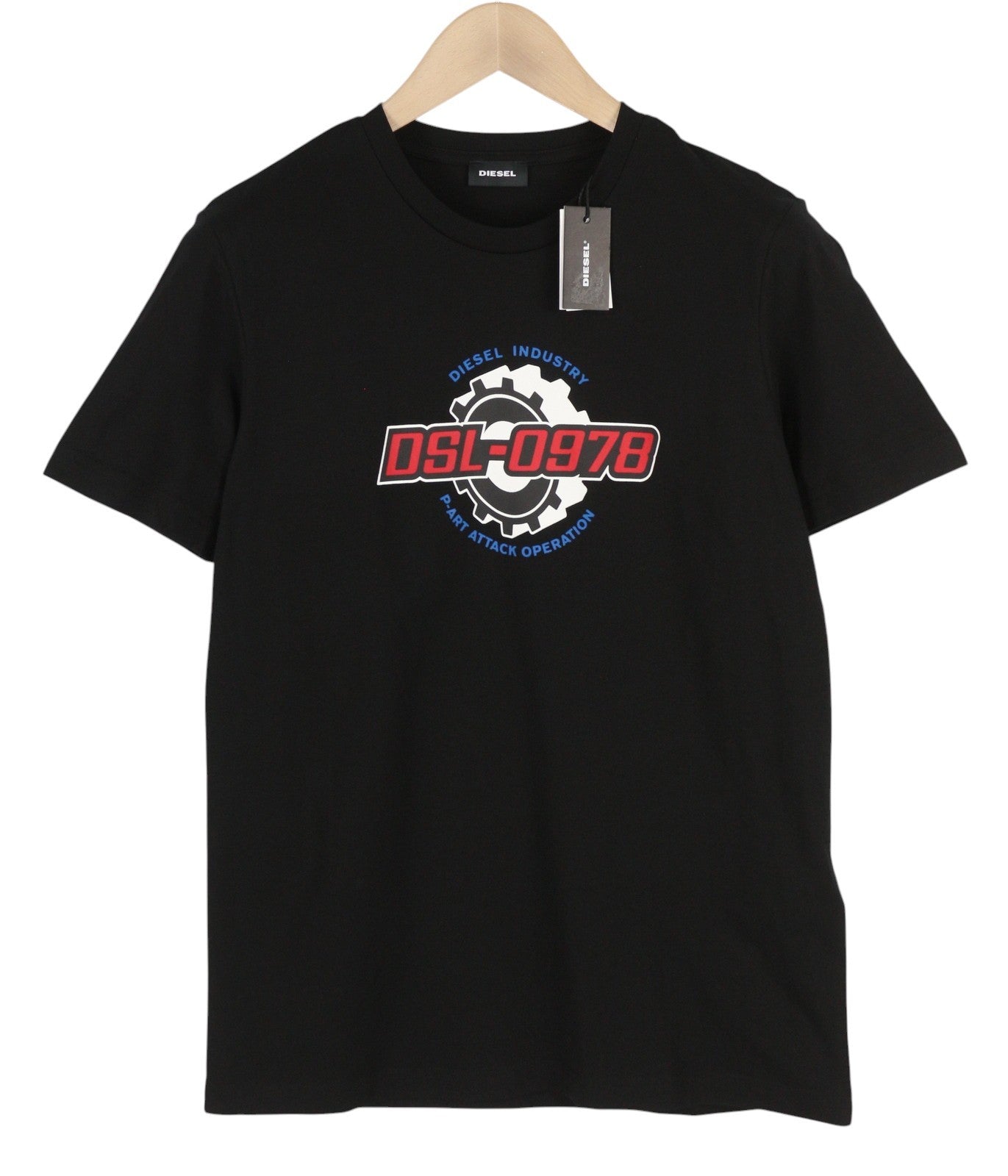 DIESEL T-Diegos-K21 Men T-Shirt S Black Tricot Stretch Short Sleeved Front Logo