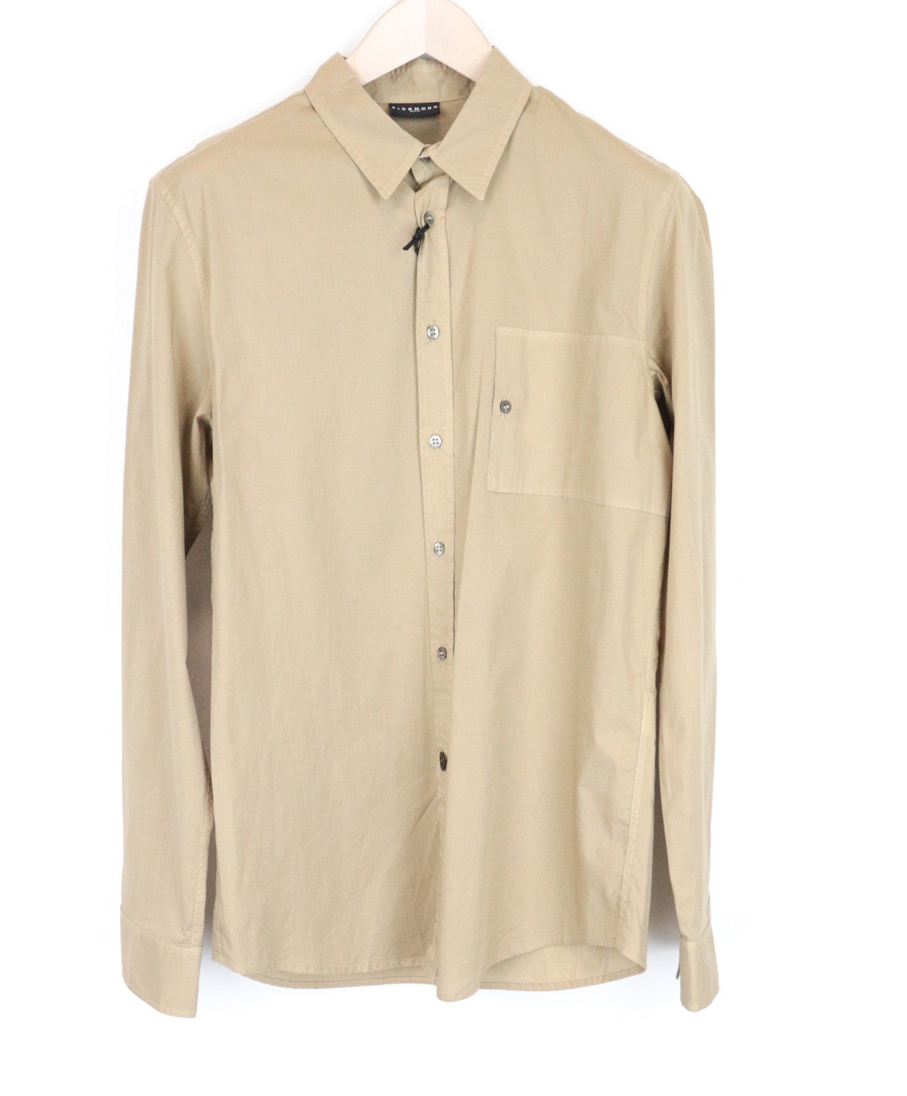 RICHMOND Men's Shirt L Light Brown Cotton Stretch Button-Up Pocket Long Sleeve
