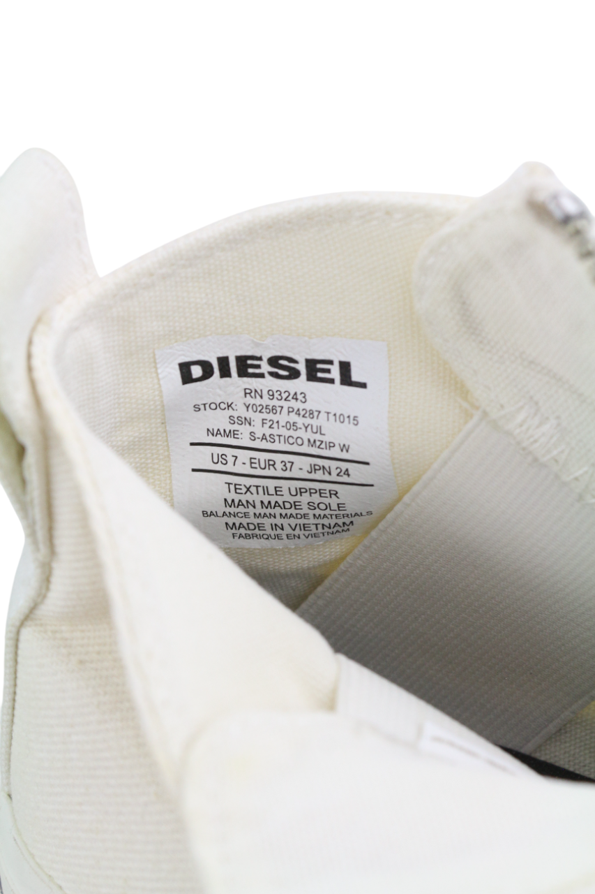 DIESEL S-Astico Mzip Womens Sneakers EU37 White Zipper Almond Toe Ankle RRP€180