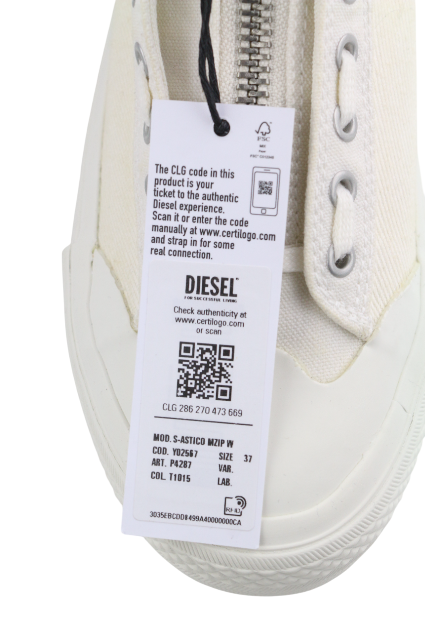 DIESEL S-Astico Mzip Womens Sneakers EU37 White Zipper Almond Toe Ankle RRP€180