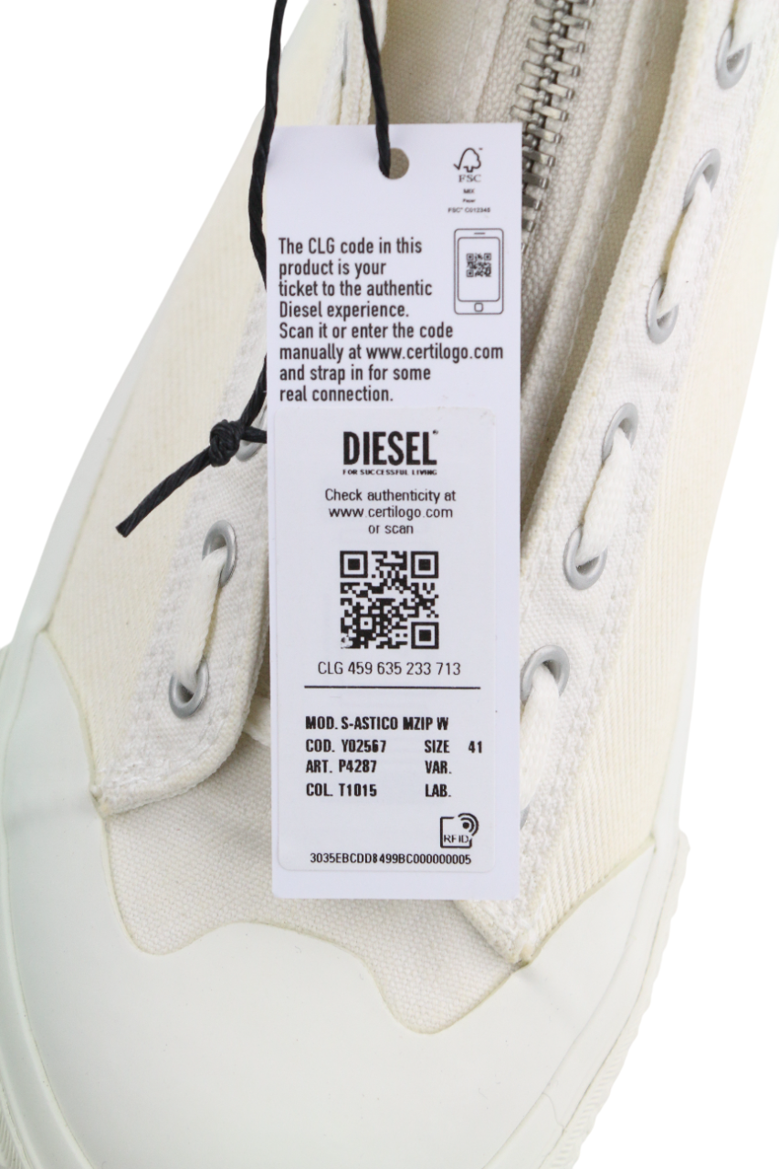 DIESEL S-Astico Mzip Womens Sneakers EU41 White Zipper Almond Toe Ankle RRP€180