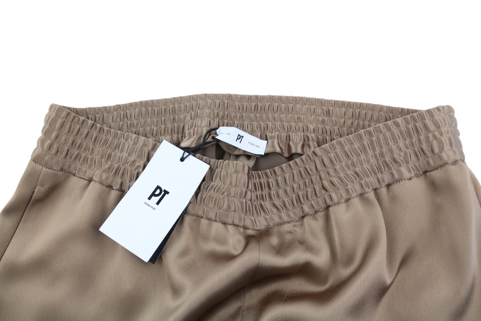 PT TORINO Lydia Womens Trousers 44 Brown Shiny Elastic Waist Flared Leg Pockets