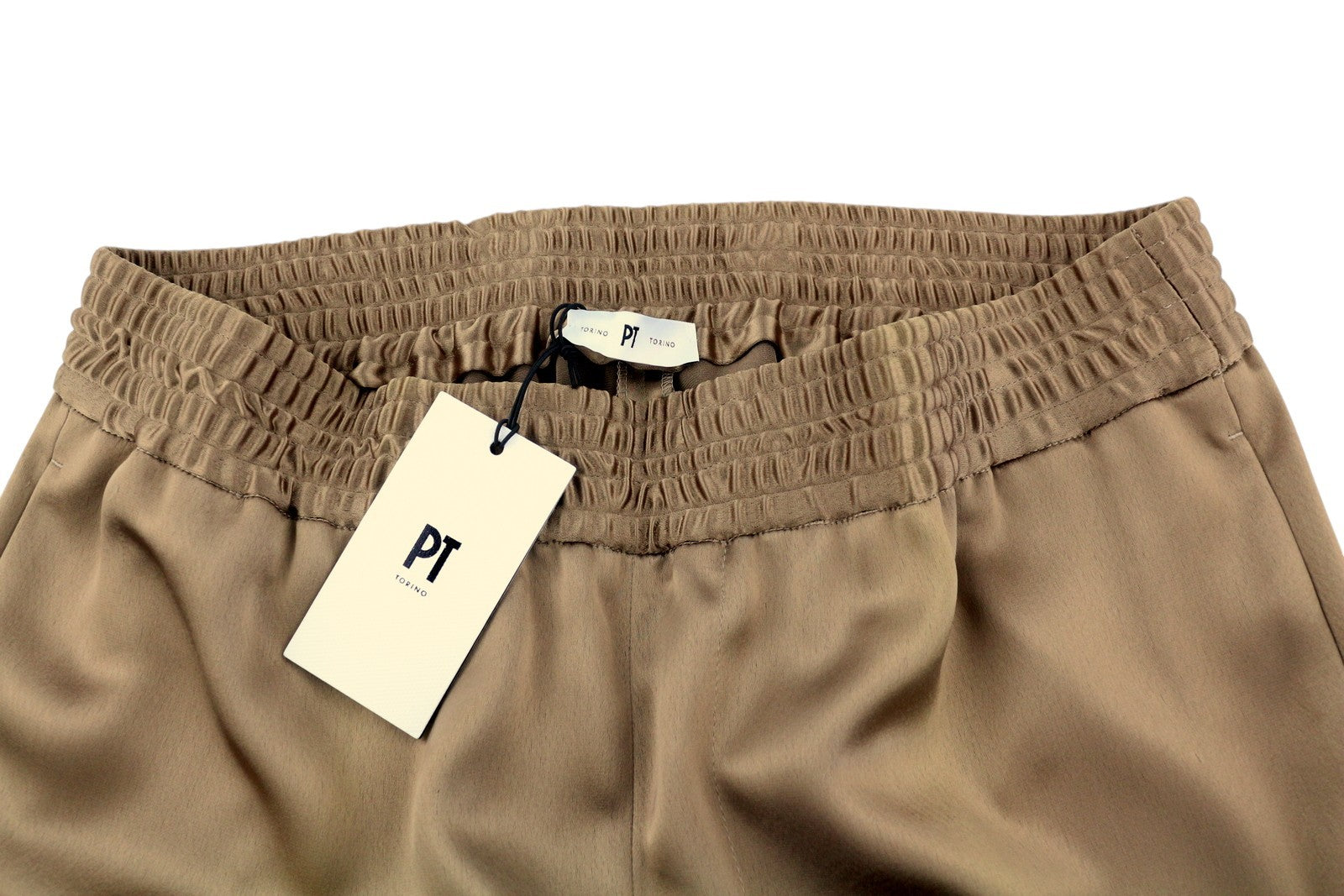 PT TORINO Lydia Womens Trousers 46 Brown Shiny Elastic Waist Flared Leg Pockets