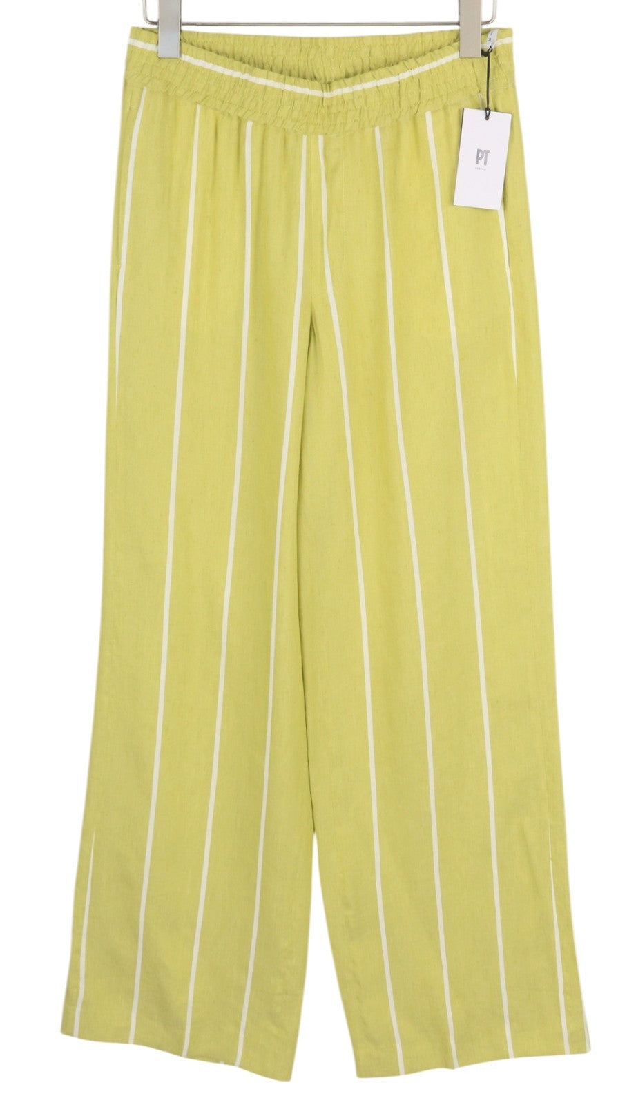 PT TORINO Lydia Womens Trousers 42 Green Pinstriped Elastic Waist Linen