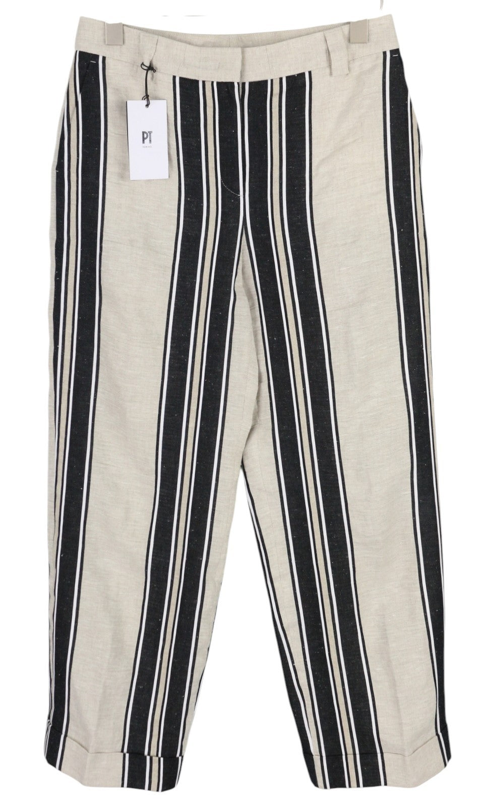 PT TORINO Ambra Womens Trousers 42 Linen  Pinstriped Turn-Up Light