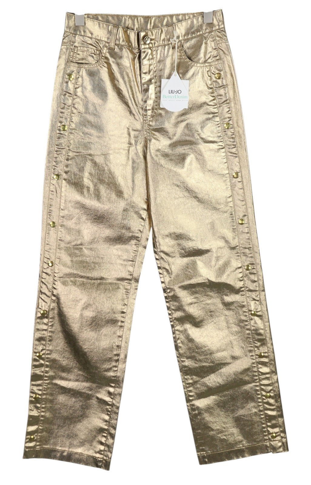LIU JO Laminato Womens Trousers W28 Gold Shiny Regular  Snap Details Zip Fly