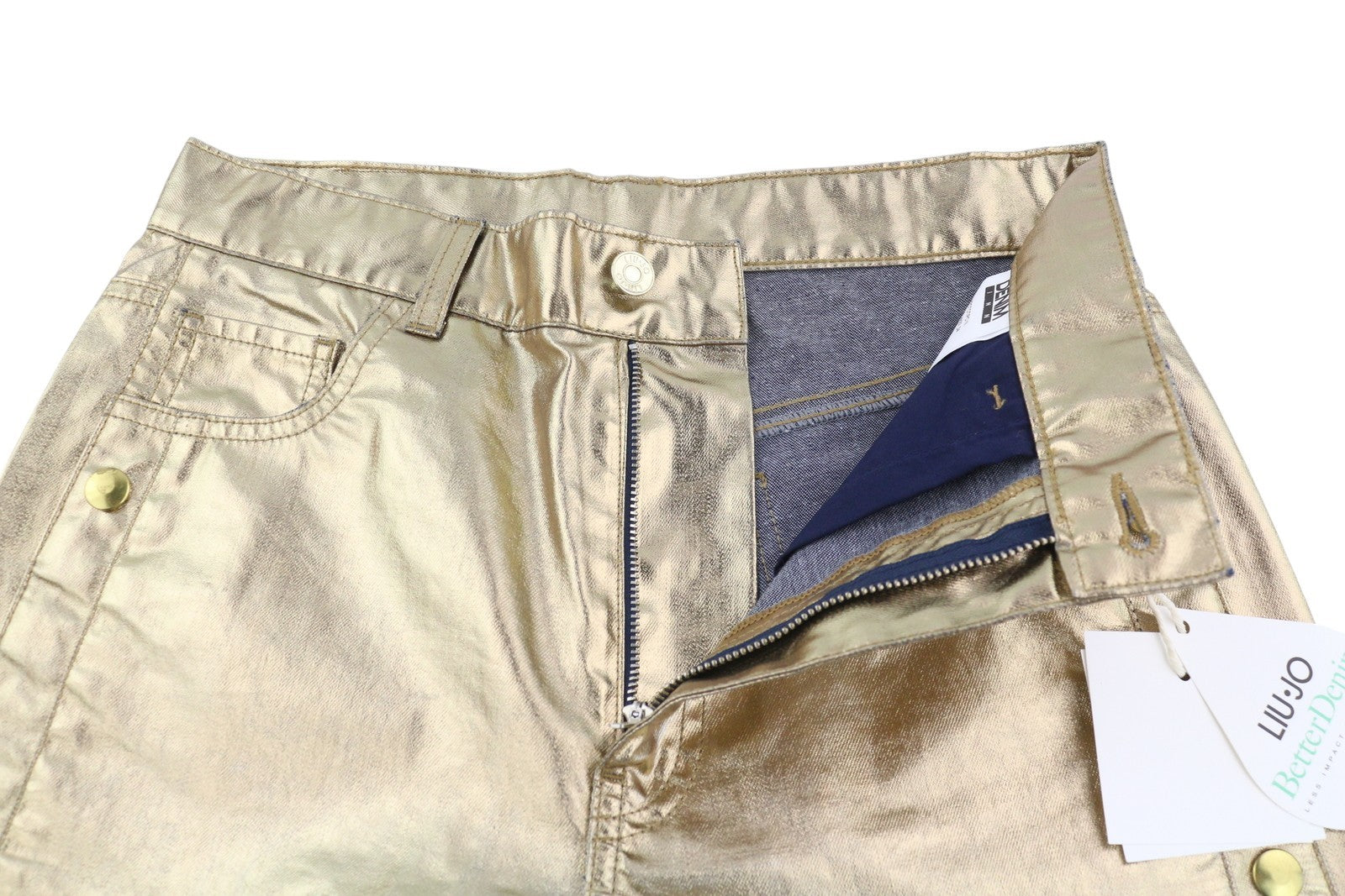 LIU JO Laminato Womens Trousers W28 Gold Shiny Regular  Snap Details Zip Fly