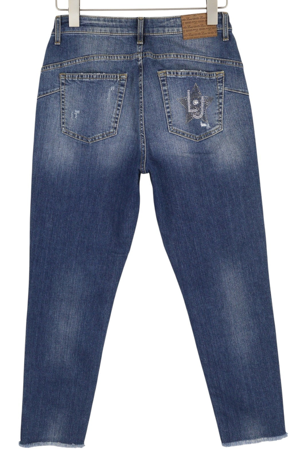 LIU JO Cute Womens Jeans W28 Ripped Distress Rhinestone Ankle Washed Blue